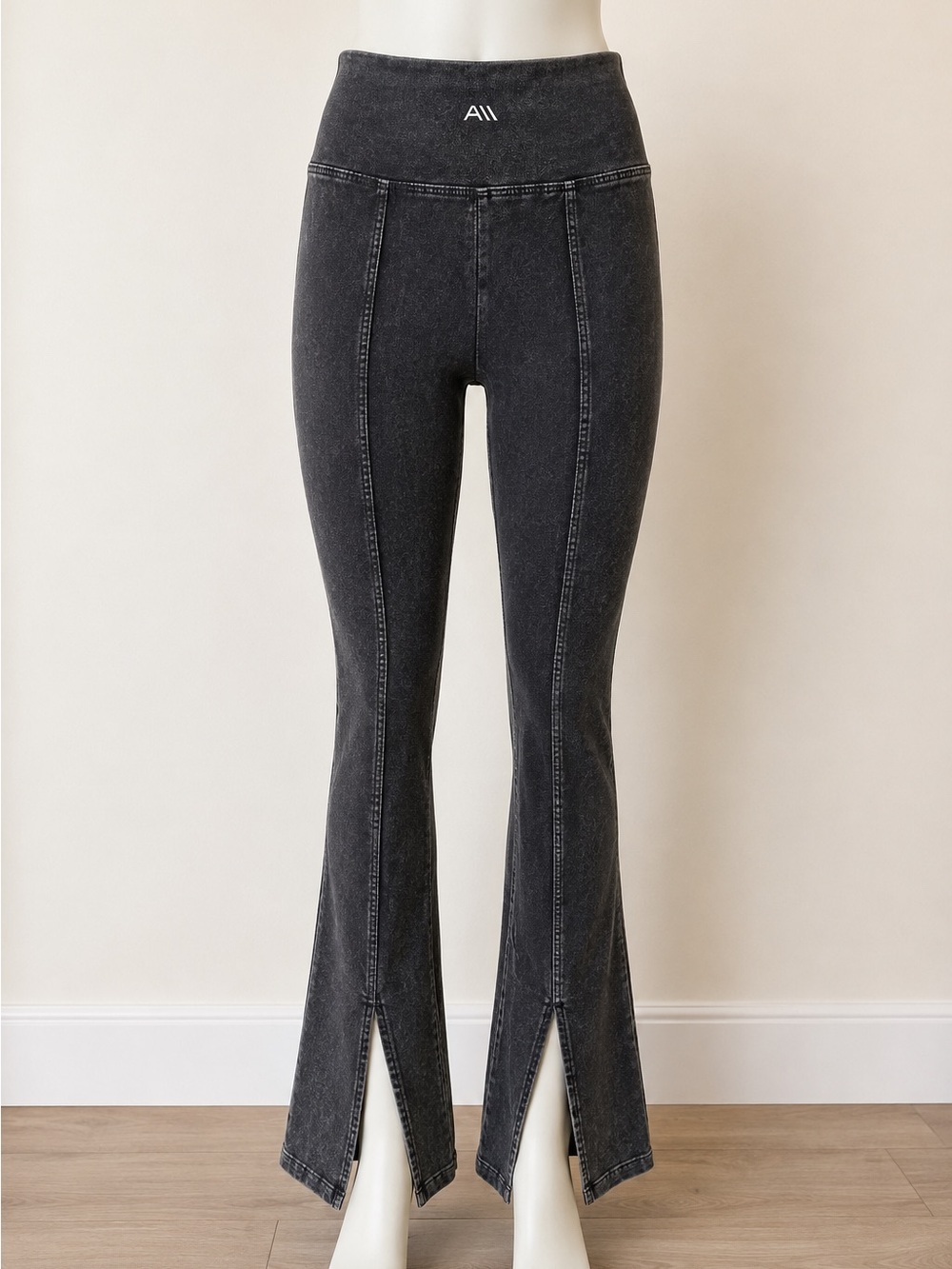 Andrew Marc Washed Black High-Rise Split-Hem Flare Leggings